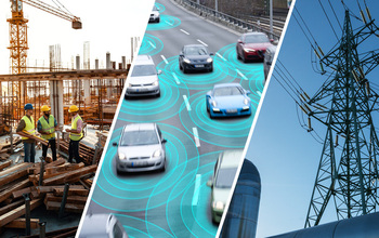 A composite of three images, left to right: three people talking on a construction site, cars on a highway, an electrical tower and water pipeline.